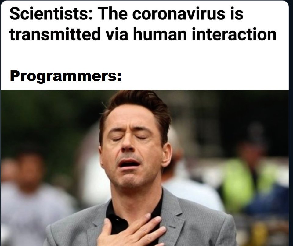 A meme that says "Scientists: The coronavirus is transmitted via human interaction", then "Programmers:" with a picture of someone looking relieved
